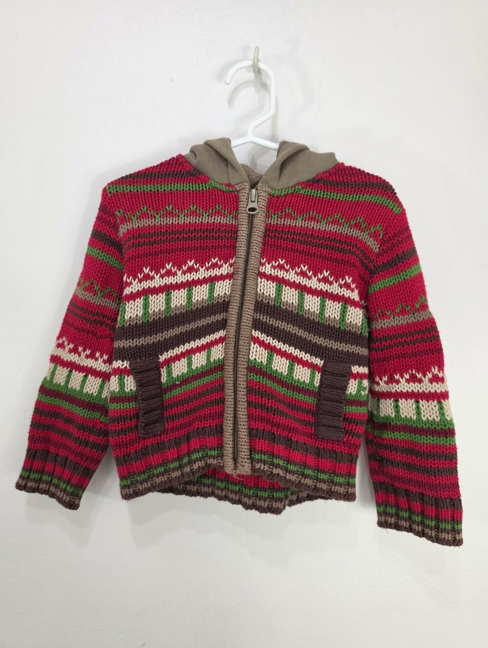 deux par deux Red, Green & Brown Fair Isle Hooded Zip Sweater